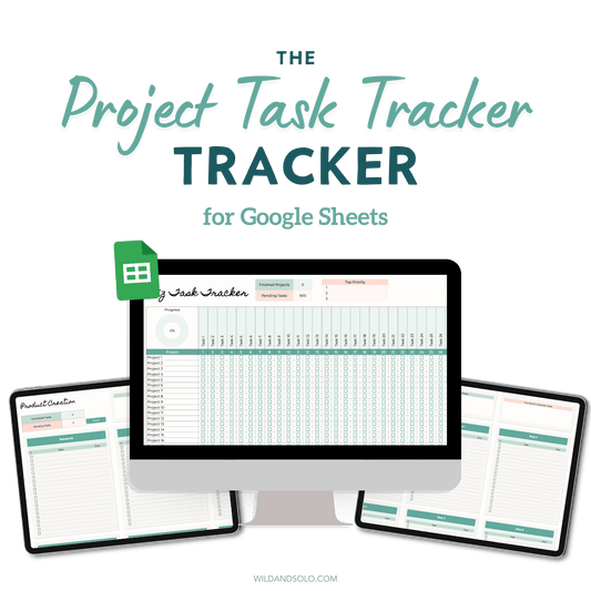Biz Project Task Tracker Spreadsheet for Google Sheets shown on a computer