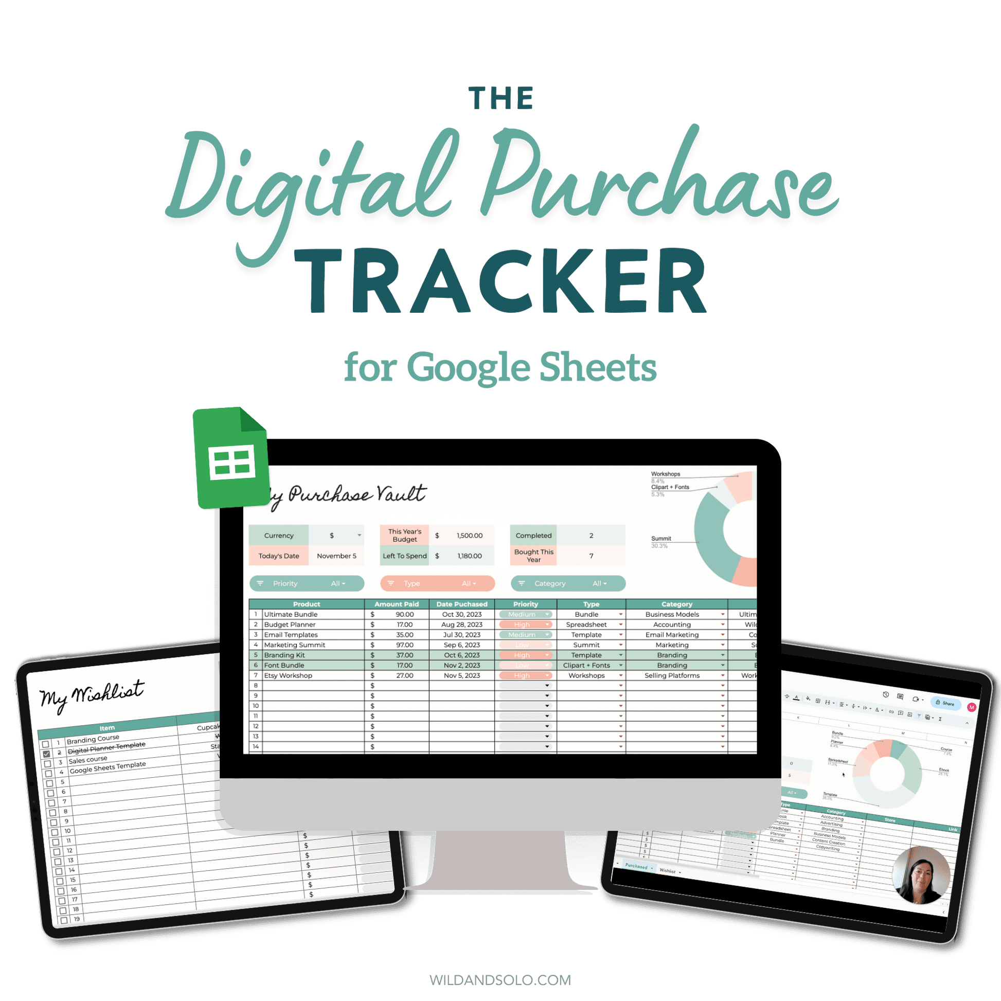 Digital Purchase Tracker Spreadsheet for Google Sheets shown on a computer