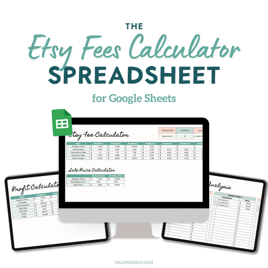 Etsy Fee Calculator Spreadsheet for Google Sheets shown on a computer