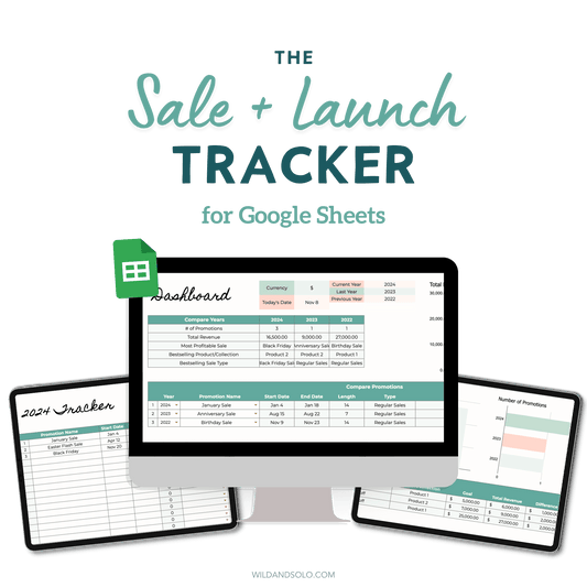 Sale + Launch Tracker Spreadsheet for Google Sheets on a computer screen